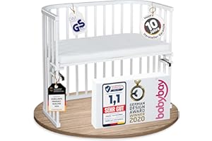 ‎BABYBAY babybay Maxi extra großes Beistellbett aus massivem Buchenholz / Kinderbett Höhe stufenlos verstellbar & umweltfreundlich / mit Matratze Classic Soft (weiß lackiert)