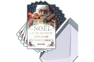 AFIE M5-496 Lot 5 Cartes Joyeux Noël Rouge Brillant + 5 Enveloppes Blanches Format 14x9cm - Père Noël Magie Fêtes de Fin d'Année Cadeaux pour petits et grands Enfants Cœur Générosité Poinsettia Rouges