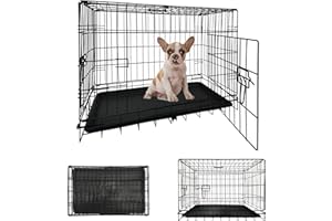 ANSIMIDA Dog Cage Crate – Pet Black Metal Folding Cage with 1 Doors with Chew Resistant Plastic Base Tray and Carrier Handle – Heavy Duty Box Perfect for Puppy Training (20 inch, Black)