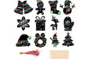 KIIWAH Set Natale Scratch Art Bambini, 36pcs Graffiti Colorati con Corda e Penna di Legno per Decorazioni Albero di Natale, Bambini Regalo