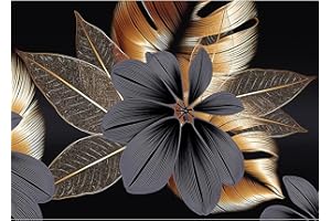 QENSPE 5D Diamond Painting Kit Completo, Flor Negra Cuadro Diamante Hojas Doradas Diamond Art para Adultos Niños, DIY Rhinestones Bordado Punto de Cruz para Decoración Hogar 40x30cm