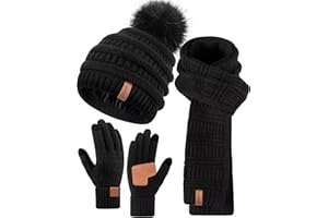 SENPUKI Mütze, Schal & Handschuh-Sets für Damen, Beanie Mütze Damen Winter mit Bommel Fleece Gefütterte, Touchscreen Handschuhe Schal Wärmer Cap 3-in-1 Geschenk Set für Kaltes Wetter