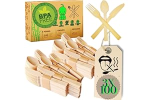 Senza sapore legnoso. 300 Posate XL in bambù ecologico. Coltello+Forchetta+Cucchiaio. Picnic, barbecue, festa, compleanno @Claudi Home