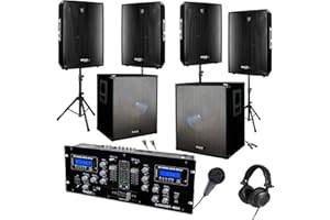 IBIZA SOUND LIGHT Pack Sono MEGAS BASSES 4400W avec 4 Enceintes 2800w Total - 2 Caissons 1600w Total - 1 Table de Mixage DJM250-BT USB BLUETOOTH - 4 Pieds - Micro et Casque + Cables OFFERTS