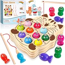 Jeu De Pêche Magnétique En Bois – Jouet Montessori Éducatif 2-5 Ans Avec 10 Poissons, Canne Et Socle Chat