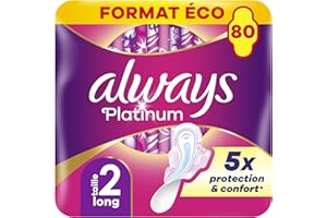 Always Platinum Serviettes Hygiéniques, Taille 2, Long, 80 Serviettes Avec Ailettes, Flux Modérés Jour, Format Eco, Douces et Flexibles, Super Absorbantes et Ultra Fines