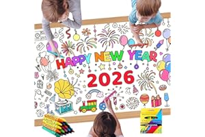 EKUKEON Happy New Year Ausmal-Tischdecke 76 x 183 cm,Kinder Silvester Tischdecke,Frohes Neues Jahr Ausmal,Papier zum Ausmalen Silvester Deko 2026,Neujahrsgeschenke für Kinder.