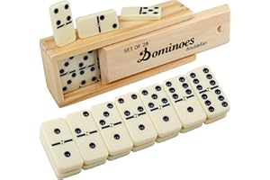 DOUBLEFAN Domino-Set für Erwachsene, Domino,Klassische Brettspiele, Doppel-6 Domino-Familienspiele für Kinder und Erwachsene – Standard Doppel-Sechs Domino-Set mit 28 Steinen und Holzkassette, Juegos de Mesa
