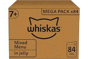 WHISKAS - 7+- Senior Wet Cat Food Pouches - 84 x 85 g - Mixed Selection in Jelly - Bulk Cat Food Megapack - 84 Pouches