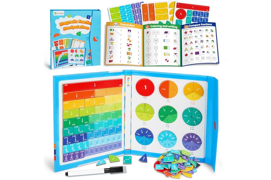 D-FantiX Magnetic Fraction Educational Puzzle, Magnetic Fraction Tiles & Fraction Circles Set, Math Manipulatives for Elementary School, Montessori Fraction Manipulatives Learning Toys for Kids
