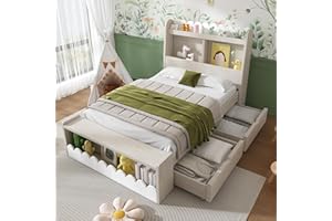 RIAZOS Einzelbett Holzbett 90x200, Massivholz Kinderbett mit 2 Schubladen & Regal, Bettgestell mit Bücherregal und Stauraum Sitzbank, Jugendbett, Funktionsbett, ohne Matratze, Weiß mit Eichefarben