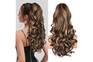 ALILEADER 24 Inch Ponytail Extension, Claw Clip Ponytail Hair Extensions, Long Curly Clip in Ponytail Hair Extensions, Synthetic Layered Pony Tail Hair Pieces for Women (Chestnut Brown With Golden Highlights)