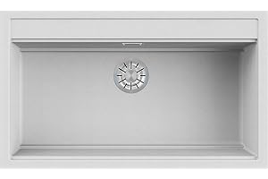 EVHOC Lavello Sopratop DESIDERATA L, 1 Vasca, Lavandino in Kuarzite Vasca Unica per Cucina, Fascia Miscelatore Preforata, Made in Italy, Bianco, 86x51 cm