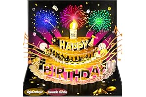 INVRSTNE Carte d'anniversaire pop-up 3D avec lumières et son, bougie LED soufflée avec capteur, carte de vœux musicale chantante pour homme, femme, enfant
