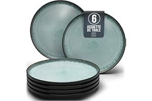 PURE LIVING INTERIOR DESIGN Assiettes Service de Table: Ensemble de 6 grandes assiettes en grès Ibiza - élégantes, compatibles lave-vaisselle et micro-ondes - Service vaisselle 6 personnes, Pure Living vert sauge