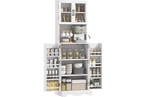 HOMCOM Credenza Cucina Alta 180cm, Mobile Dispensa con 8 Ripiani sulla Porta, Foro Passacavi, Ante Acrilico, Ripiani Regolabili, Piano Portamicroonde, Rustico, per Sala da Pranzo Soggiorno, Bianco