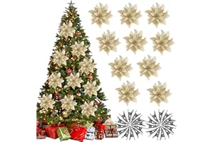 AYNKH 20Pcs Fleurs de Sapin de Noël avec Pinces, Fleurs de Poinsettia Pailletées de Décoration de Sapin de Noël Dorées de 14.5cm pour la Décoration de l'arbre de la Couronne