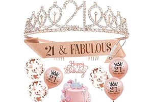 Auliuse 21th Birthday Sash and Tiara Set for Girls, Rose Gold Birthday Sash Crown with Balloons Happy Birthday Cake Topper Party Decorations Supplies, Happy Birthday Gifts for Women (21 Years Old)