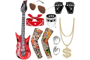 Dreamtop Punk Rockstar Fancy Dress Gothic Rocker Costume Set Rock Star Heavy Metal Accessories with Gloves Sunglasses Bandana Tattoo Sleeves Bracelet Ring Inflatable Guitar Microphone