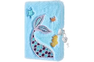 WERNNSAI Meerjungfrau Plüsch Tagebuch Kinder für Mädchen Geheimes Notizbuch Kinder mit Schloss und Schlüssel, A5 160 Seiten, Geeignet für Geburtstage und Weihnachtsgeschenke