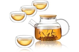 CNGLASS 900ml/30.4oz Glass Teapot Stovetop Safe with 100ml/3.4oz(4-Pack) Double Walled Glass Teacups,Glass Tea Maker Gift Set for Loose Leaf and Blooming Tea