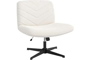 Yaheetech Wide Seat Cross Legged Office Chair, Adjustable Armless Office Chairs with No Wheels, Vanity Chair Criss Cross Chair Swivel Computer Chairs, Ivory