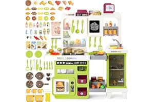 deAO Ensemble de Cuisine 3 en 1 avec Lumière, Son, Vapeur d'eau et Accessoires, 75 PCS, Set de Cuisine pour Enfants avec Grill, Évier, Four, Cuisinière, Jouet de Cuisine de 3 Ans+ (Vert)