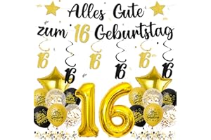Tasoraor Deko 16. Geburtstag Junge Mädchen - Schwarz Gold 16 Geburtstagsdeko Luftballons Girlande, Konfetti und XXL Zahlenballon für 16 Geburtstagsparty Dekoration