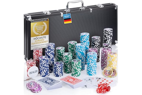Mallette de poker Profi Pokerset comprenant 300-500 jetons de poker de haute qualité ; deck de poker, jeu de cartes, cartes de poker, dés, bouton de croupier ; casino à domicile (Noir, 500 Jetons)
