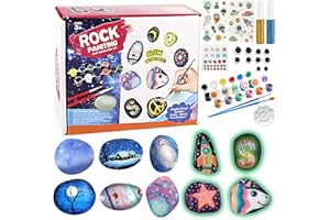 RZMZBY 43 Pièces Kit de Peinture sur Pierre pour Enfants, 10 Galets a Peindre Décorer avec 12 Couleurs Cadeau pour Convient Aux Garçons et Filles de 3-10 Ans