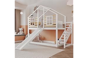‎FEZTOY FEZTOY Kinder Bett mit Rutsche, Hausbett 90x200, Etagenbett für Kinder, Hochbett Baumhaus mit Treppe und 1 Lattenrost, Kinderbetten, Spielbett, Jugendbett, ohne matratze (Weiß-Fenster)