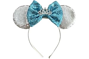 LILIUM KIDS Diadème de princesse Minnie Mouse argenté et bleu avec grand nœud à paillettes de 12,7 cm fait à la main