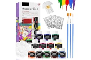 SHOPPGO Pintura Textil Permanente y Lavable 12*25ml, Pintura de Tela, Pintura Textil, Fabric Paint, Pintura para Tela Permanente y Lavable, Adecuado para Pintar Sobre Diversos Tejidos, con 4PCS Plantillas