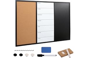 Kurtzy Combinaison 3 en 1 d’un Tableau en Liège avec un Tableau Blanc et un Tableau Noir - 90 x 60cm - Tableau Magnétique Effaçable - Punaises - Aimants - Stylo - Effaceur - Craies