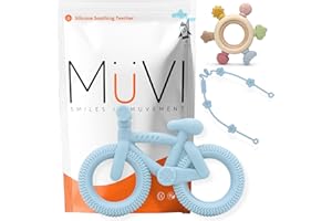 MÜVI - Pack de mordedores bebé, juguetes de dentición +3 meses, silicona alimentaria suave y sin BPA, fácil de agarrar y morder, alivio para encías y estimulación sensorial. (Pack Bici Azul)