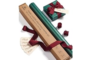 Vitalizart 43cm x 5m Carta da Regalo Verde Scuro, Perlata con Nastro di Raso di Chiffon Borgogna & Etichette Regalo, Rotolo di Carta da Regalo per Natale, Compleanno, Matrimonio & Artigianato