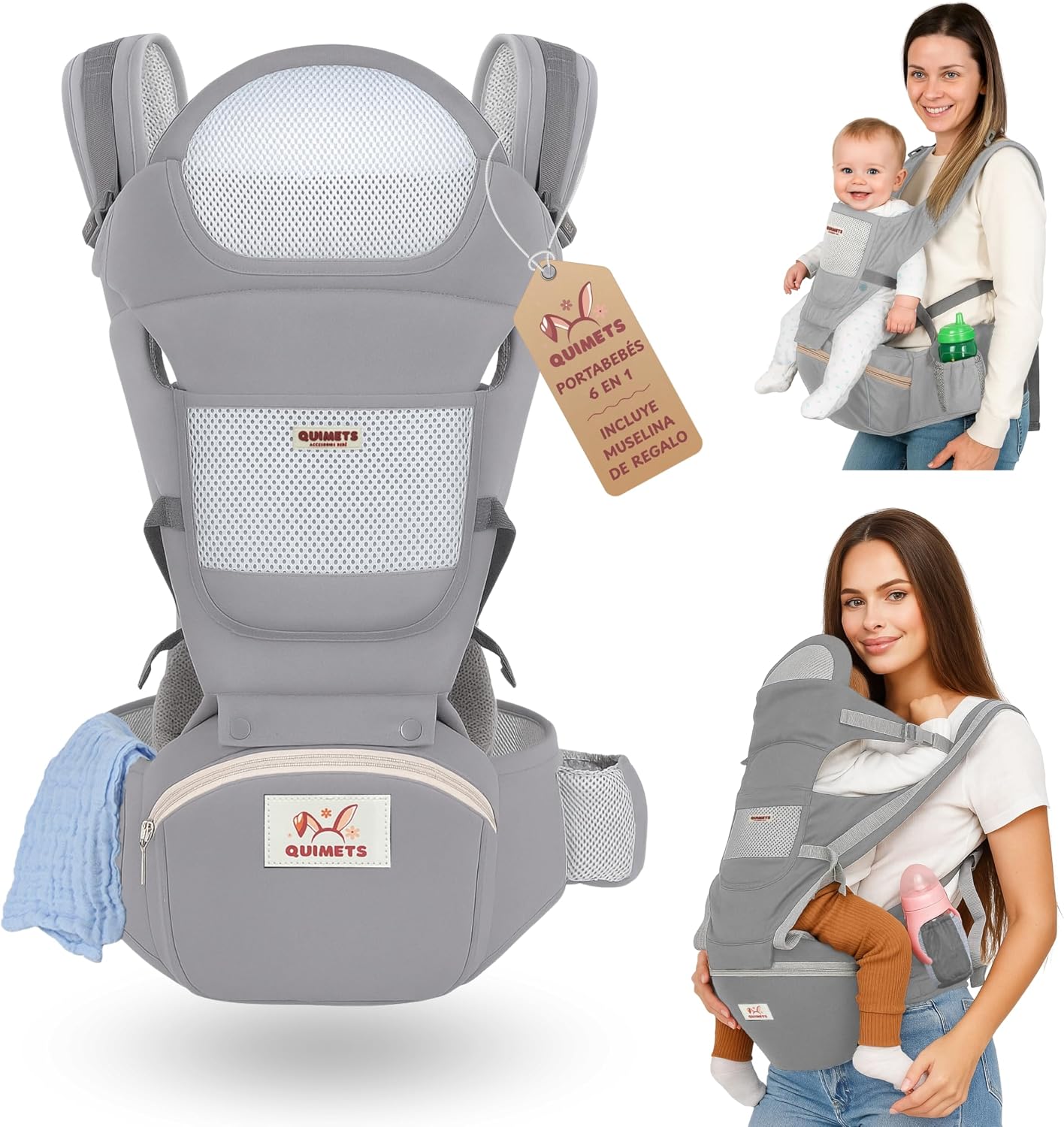 QUIMETS | Mochila Portabebés 6 en 1 Recién Nacido Transpirable y Ergonómica – Suave, Ligera e Ideal para Largos Paseos – Ajuste Cómodo para Mamá y Papá – Incluye Muselina de Regalo