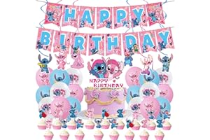 VXCQ Stitch Party Decoration 50 Pieces Lilo and Stitch Pink Theme Party Supplies Stitch Happy Birthday Banner Cupcake Decoration Cake Topper Balloons Children's Birthday Party Supplies