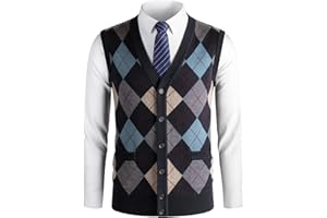 Herothorn Gilet Maglia da Uomo con Diamante Spesso Argyle Maglieria Senza Maniche Maglione Cardigan Scollo a V Smanicato Pullover Panciotto Canotte con Bottone