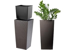 KADAX Macetero Alto de Diseño Moderno para Plantas de Interior y Exterior, Maceta Grande de Plástico, Jardinera Alta (Marrón, Imitación Ratán, 36 cm)