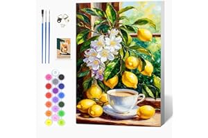 Auremi Kit Citron peinture par numéros avec cadre bois–Fruits Peinture par numéros 20x30 cm pour adulte débutant–Idée cadeau originale relaxante–Activité manuelle créative et décorative