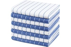 gryeer Microfibre Tea Towels - Pack of 8 (Stripe Designed Blue and White Colours) - Soft, Super Absorbent and Lint Free Kitchen Towels, 45 x 65 cm