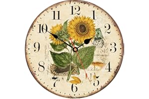 TAHEAT 14 Inch Beautiful Sunflower Wall Clock, Vintage Country Floral Silent Non ticking Clocks, Wooden Round Easy to Read Wall Clock for Kitchen/Living Room/Bedroom/Bathroom