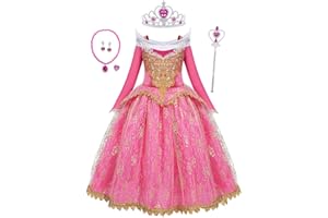 KumSoomliy Girls Aurora Dress Princess Costume Sleeping Beauty Dress Up Fancy Dress for Kids Halloween Christmas Birthday Gift Kids Fancy Princess Dress with Crown