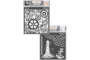 CrafTreat Pochoirs Steampunk réutilisables pour peindre le sol, les murs et le carrelage – Engrenages et nautique – Lot de 2 – 15,2 x 15,2 cm – Pochoirs d'art et d'artisanat – Pochoir phare