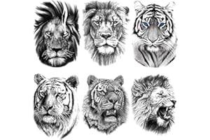 AIBAOBAO Tatuaggi temporanei per uomo e donna, 6 fogli realistici tribali leone re temporaneo tatuaggio adesivi, impermeabili, rimovibili, non tossici neri schizzo viso arte tatuaggio adesivi