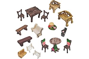 YOZIEMQ Miniature Garden Furniture Set - 14-Piece Resin Miniature Table and Chairs Set for Outdoor Decor, Adult DIY Craft Gift & Micro Landscape Decor Accessories (Village)