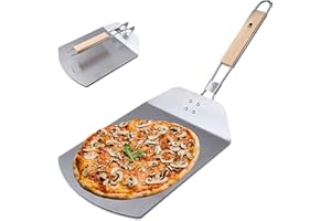 MasterPRO Foodies - Pala Horno para Pizza - Pala de Acero Inoxidable - Dimensiones 57.8 x 24.3 x 3.4 cm - Mango de Goma Color Madera - Extrae tus Pizzas del Horno de Manera Firme y Segura