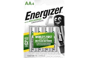 Energizer Rechargeable AA Batteries, Universal Double AA, Pack of 4 | NiMH Micro LR03 Triple A Battery - 2x Longer Lasting - 0% Plastic Packaging - Reusable Power for Everyday Devices