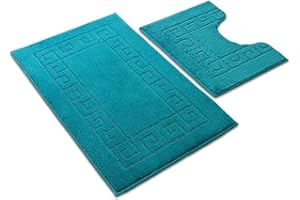 Ambience Products Greek Key Pattern Bath Mats 2 Piece Sets Non Slip Bathroom Mat, Soft Washable Rug Quick Dry Water Absorbent Bathroom Shower Mat & Pedestal Set (Teal)